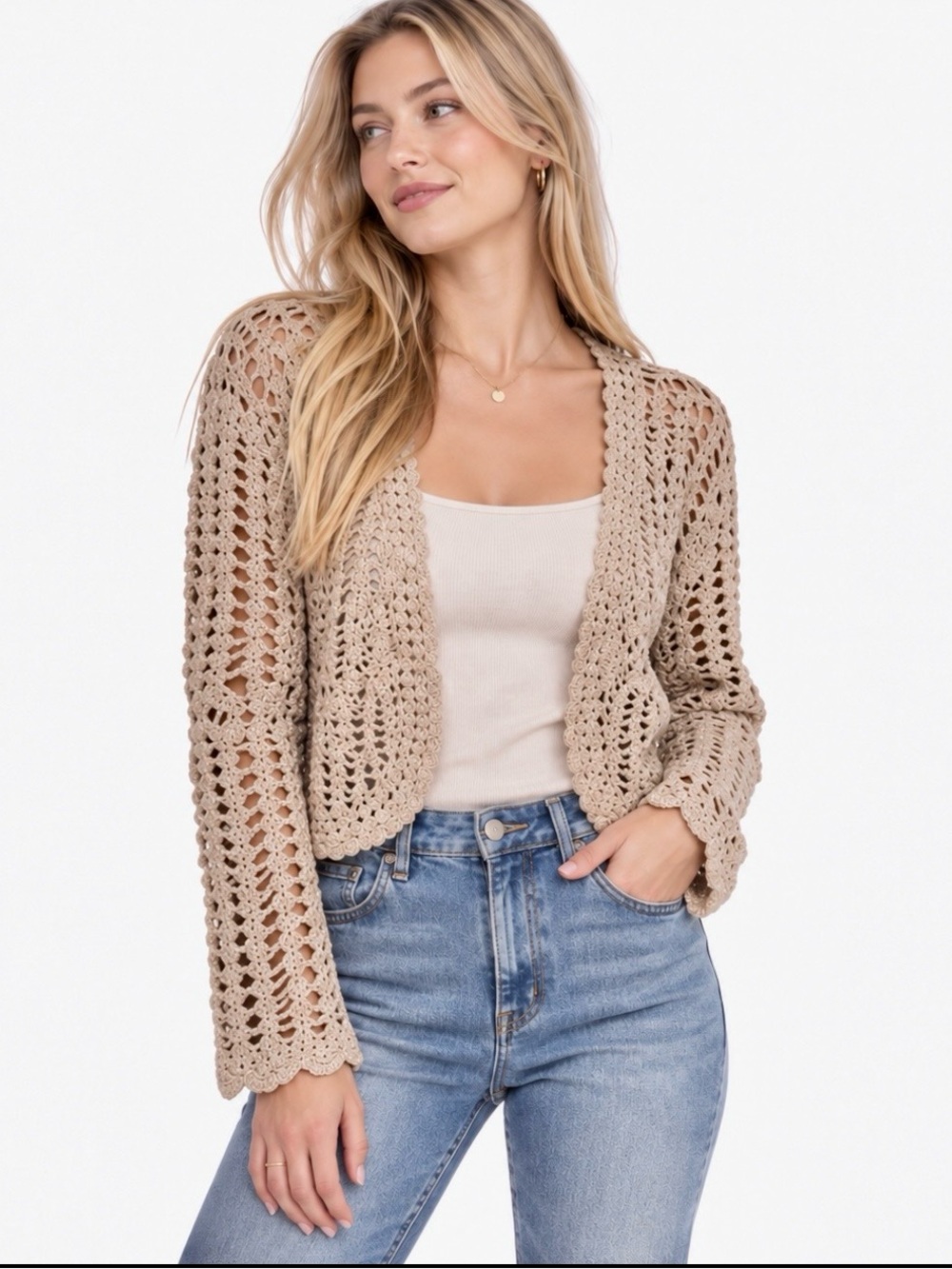 By Design Metallic Gold Tan Crochet Open Front Shrug Cardigan XL